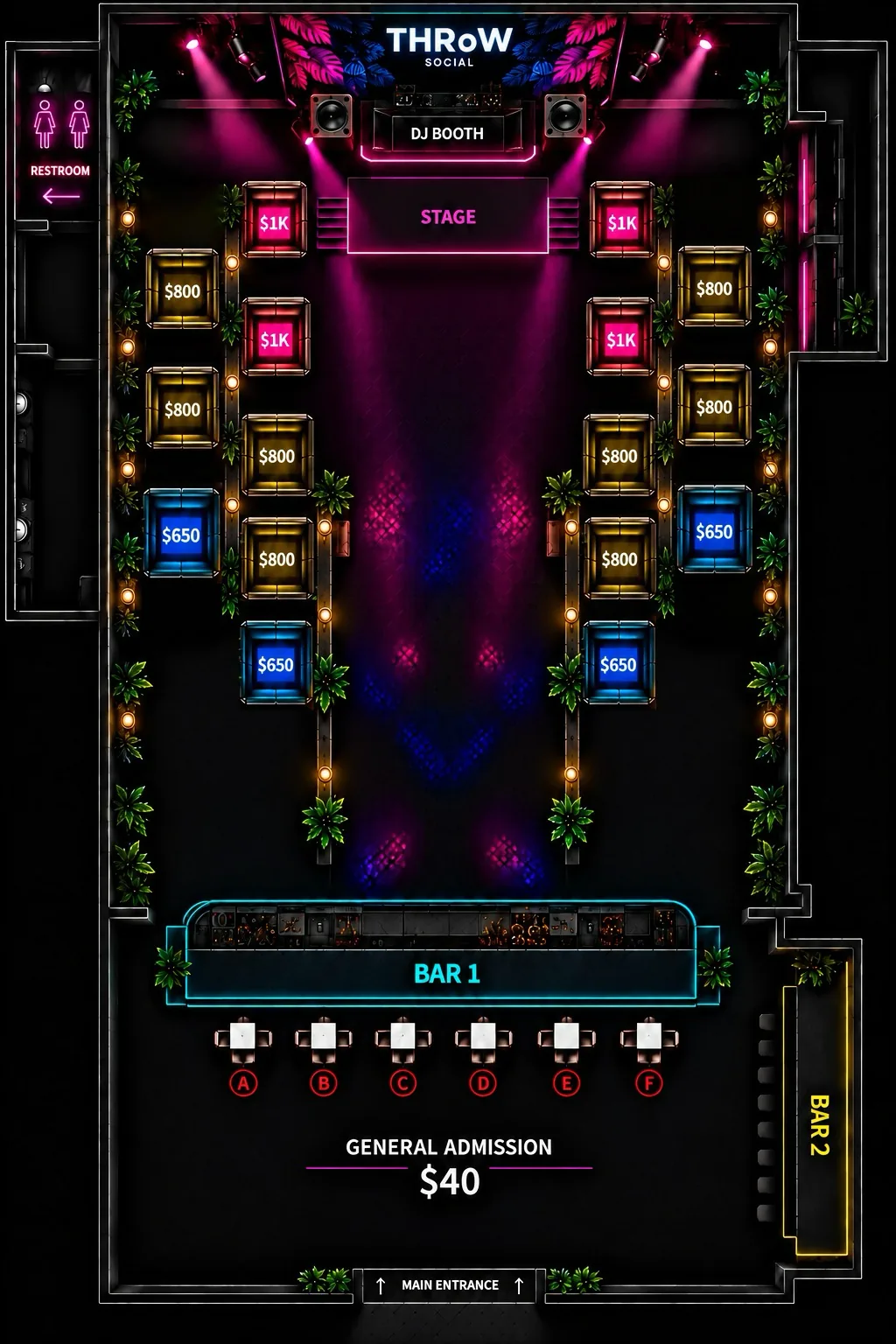 Floor plan: the stage and DJ booth at the front, Elite tables beside the stage, VIP and Standard tables down both sides of the dance floor, Bar 1, high-top tables A–F, general admission and Bar 2 by the entrance.